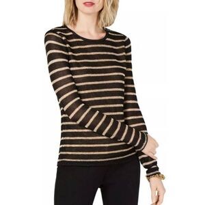 Michael Kors Sz LP (Large Petite) Open Knit Metallic  Stripes Gold Black Long Sl